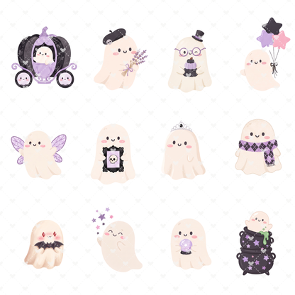 Cute Halloween Ghosts Clipart Bundle | 12 Pastel Ghosts PNG & SVG Digital Files