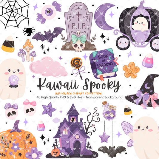 Cute Halloween Clipart Bundle | 46 Pastel Ghost, Kawaii Spooky PNG & SVG Digital Files